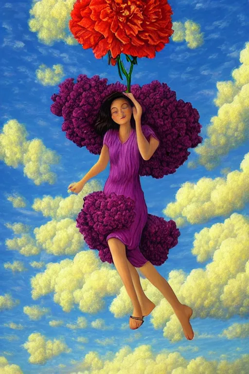 Image similar to closeup, giant carnation flower head, woman falling through clouds in sky, surreal, impressionist painting, digital painting, artstation, rob gonsalves
