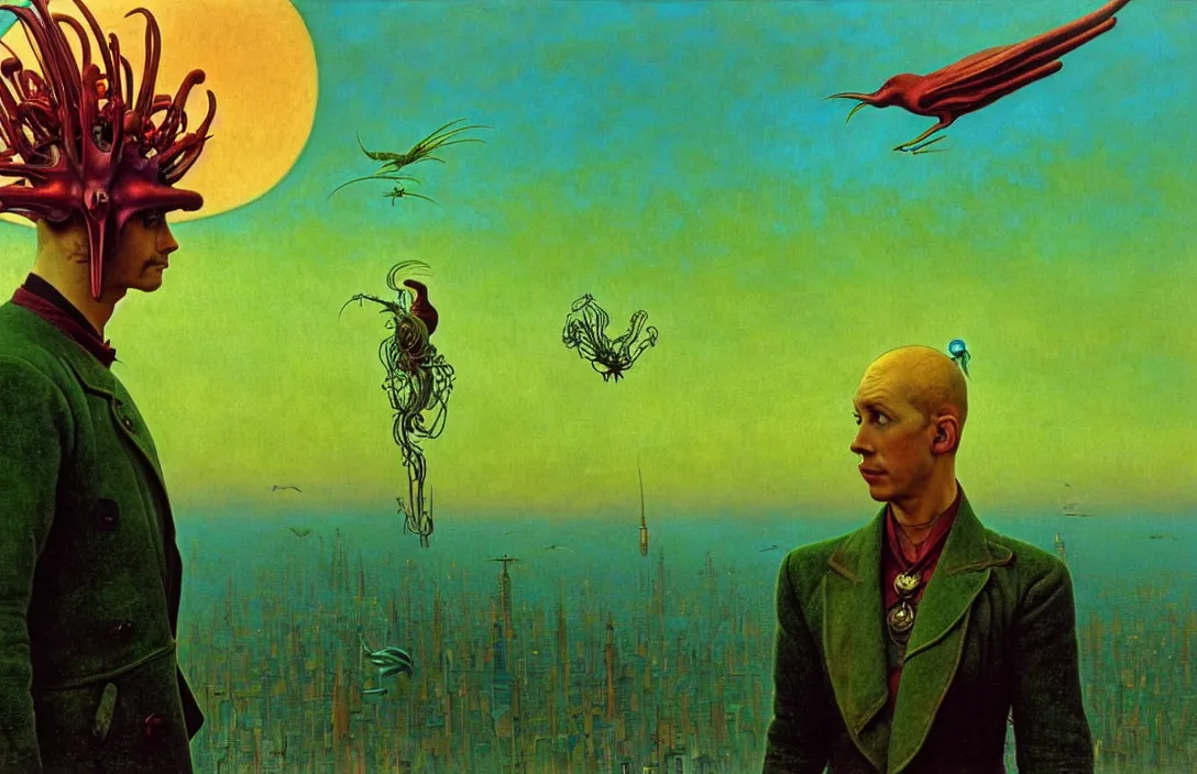 Image similar to realistic detailed portrait movie shot of a birdman wearing green leather coat, sci fi city sunset landscape background by denis villeneuve, amano, yves tanguy, alphonse mucha, ernst haeckel, max ernst, roger dean, masterpiece, rich moody colours, blue eyes