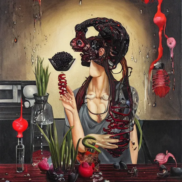 Prompt: dark kitchen of an art student, sensual portrait of a female ninja holding a brain, japanese pottery, scales, tropical houseplants, test tubes, honey dripping from ceiling, berries dripping juice, pancakes, pomegranate, berries, alpaca sculpture, octopus, scientific glassware, neo - expressionism, surrealism, acrylic and spray paint and oilstick on canvas