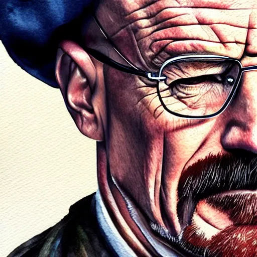 Prompt: detailed portrait of walter white,watercolor painting,realistic,photorealistic,detailed face,hyperdetailed,professional lighting,trending on instagram,4k