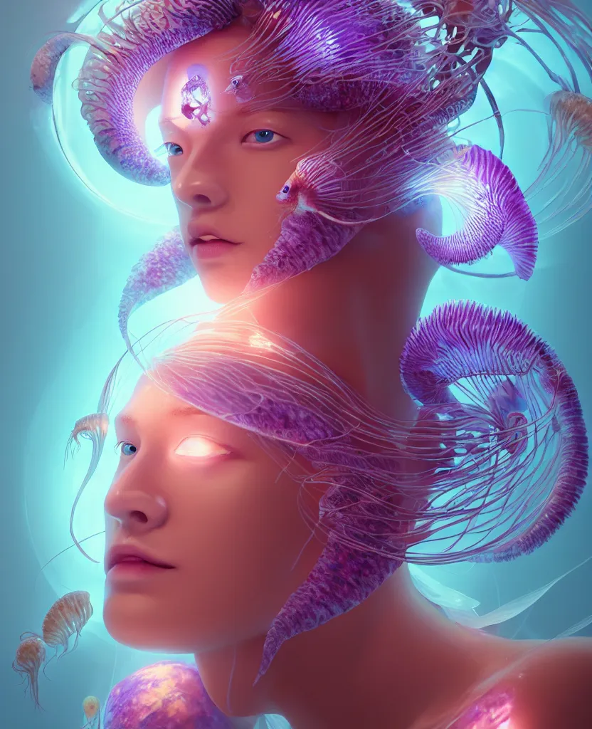 Image similar to goddess close-up portrait. orchid jellyfish phoenix head, nautilus, skull, betta fish, bioluminiscent creatures, intricate artwork by Tooth Wu and wlop and beeple. octane render, trending on artstation, greg rutkowski very coherent symmetrical artwork. cinematic, hyper realism, high detail, octane render, 8k