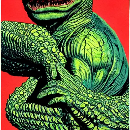 Image similar to gill - man from creature of the black lagoon by gerald brom and andy warhol