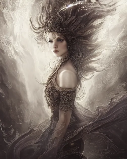 Image similar to a highly detailed portrait of beautiful pale female pyromancer radiating a majestic fiery aura, ornate silvered robes, wispy tendrils of smoke, intricate, digital painting, old english, raining, sepia, particles floating, whimsical background by marc simonetti, artwork by ramond swanland and liam wong