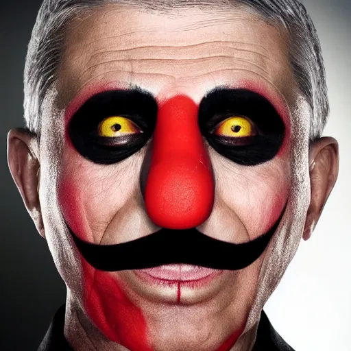 Prompt: UHD candid photo of Anthony Fauci dressed as a hitman, wearing accurate clown makeup, accurate face, UHD, photorealistic, correct face, photo by Annie Leibowitz