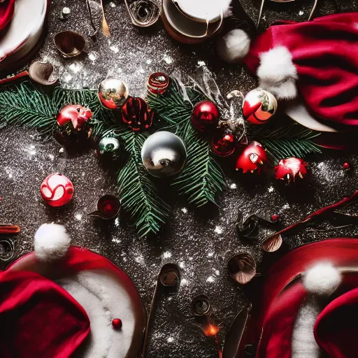 Prompt: creepy christmas aesthetic!!, trending on unsplash, [ 4 k photorealism ]!!, professional photography, [ overhead view of a table ]!!, shot by jimmy nelson