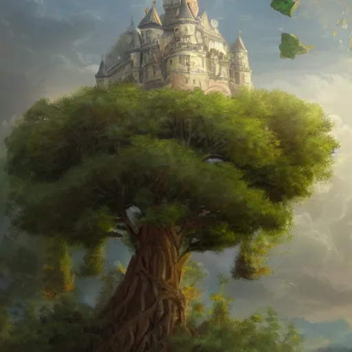 Image similar to a painting of a giant floating castle high up in the sky with a tree - leaf canopy on top. artstation. painting. high - quality. extremely detailed clouds and foliage
