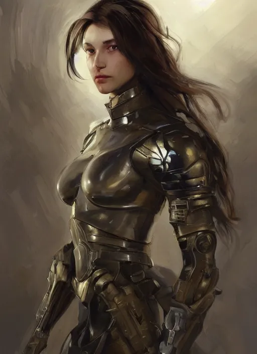 Image similar to a professional painting of a beautiful young female, clothed in military armor, olive skin, long dark hair, beautiful bone structure, symmetrical facial features, intricate, elegant, digital painting, concept art, smooth, sharp focus, illustration, from Metal Gear, by Ruan Jia and Mandy Jurgens and Artgerm and William-Adolphe Bouguerea