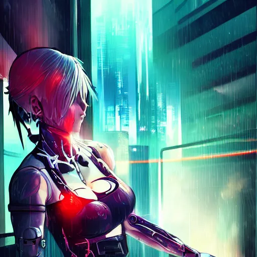 Image similar to digital cyberpunk anime!!, shattered cyborg - body, cyborg - girl in the style of arcane!!!, lightning, raining!!, water refractions!!, black red fade long hair!, biomechanical details, neon background lighting, reflections, wlop, ilya kuvshinov, artgerm