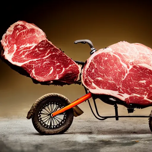 Image similar to bicycle constructed of beef, glistening meat and oily metal, pulsating, carnivorous,mechanical, tires, ribeye, hungry, in food photography style, high resolution detail,