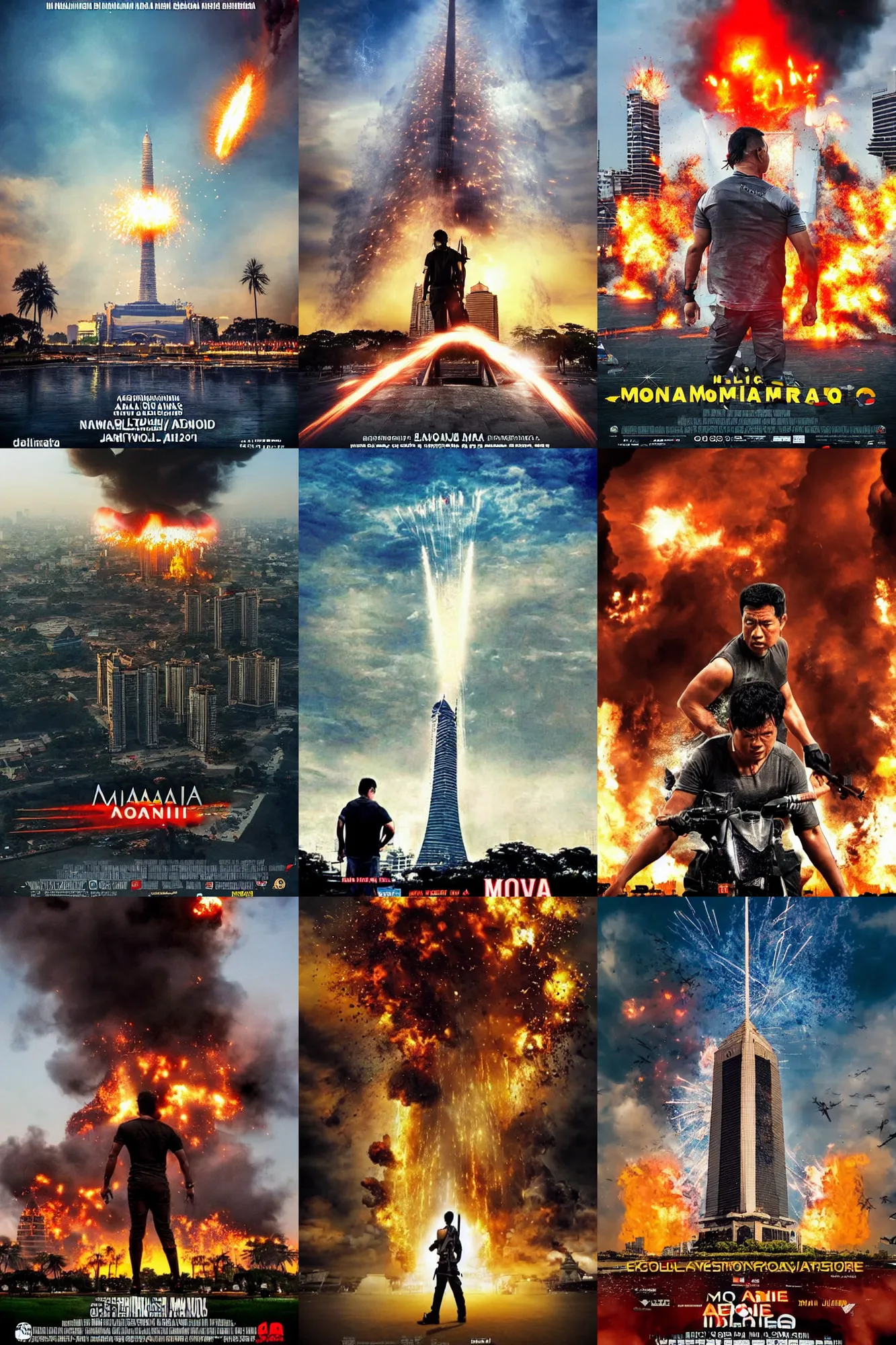 Prompt: movie poster, indonesian action movie, monas jakarta, explosion, epic composition, realistic, hollywood