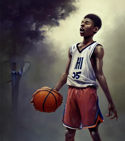 Image similar to portrait of a boy at a basketball court playing basketball wearing a basketball jersey in a basketball court standing near the basketball hoop, intense emotion, detailed facial expression, detailed surroundings, intricate, elegant, highly detailed, centered, digital painting, artstation, concept art, smooth, sharp focus, illustration, by (Peter Mohrbacher), WLOP