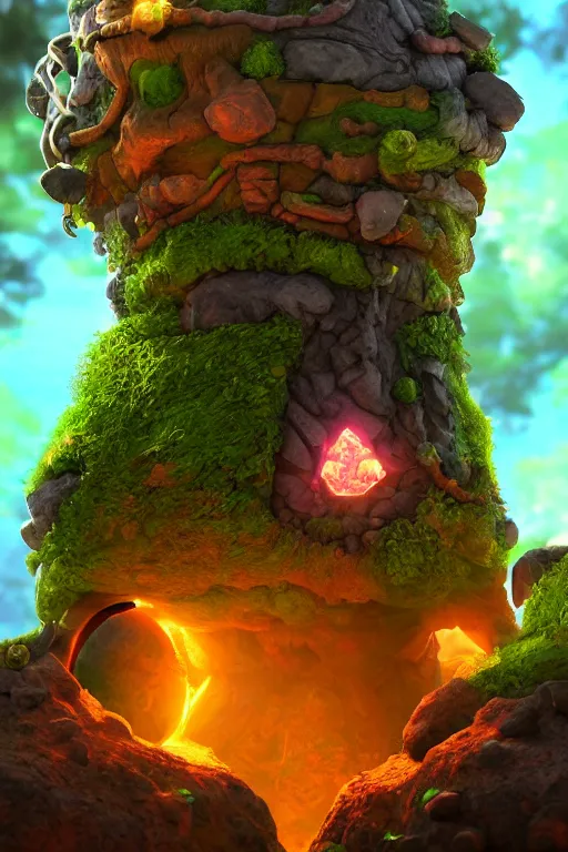 Image similar to arcane fantasy art giant golem elemental wood rock bastion forged gemstone enchanted forest troll, global illumination ray tracing hdr fanart arstation by sung choi and eric pfeiffer and gabriel garza and casper konefal lisa frank zbrush central hardmesh radiating a glowing aura