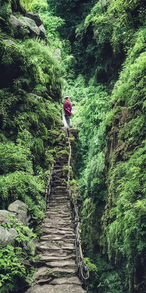 Image similar to canyon in oregon, old man on stone stairway in between highrise flats, overgrown lush plants, atmospheric, cinematic, beautiful low light by studio ghibli octane render 8k