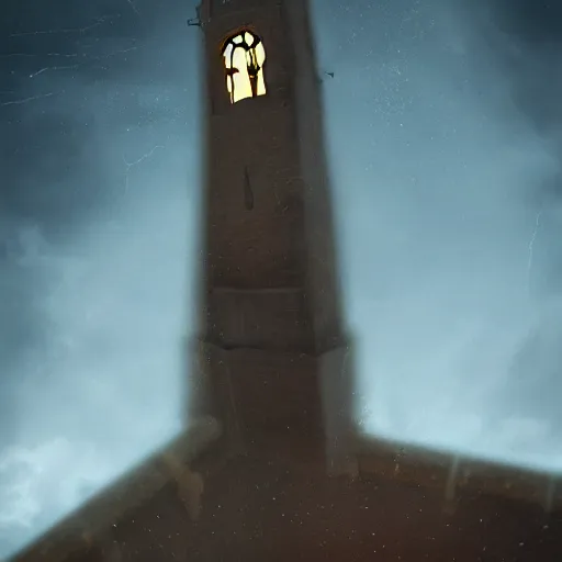 Image similar to Close up of a terrified young catholic priest at the top of a medieval tower watching in fear as an ominous yellow shadow descends upon him from the night sky. His face is seen from above. High angle, dramatic lighting. Award-winning digital art, trending on ArtStation