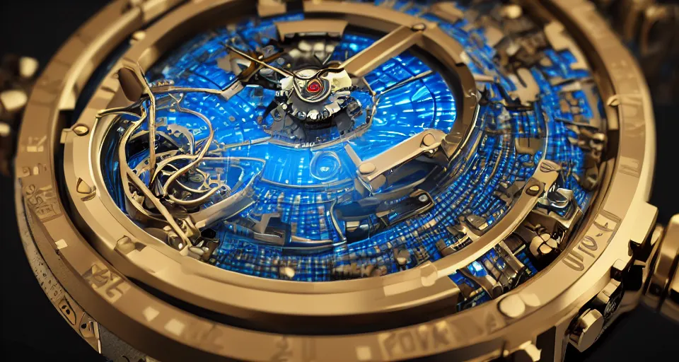 Image similar to complex 3 d render of a futuristic steampunk watch lying on a table, high detail, sharp focus, glowing blue interior components, fractal detail, depth of field, bokeh, cinematic lighting and composition, octane render, film grain, by syd mead and greg rutkowski and android jones, rolex