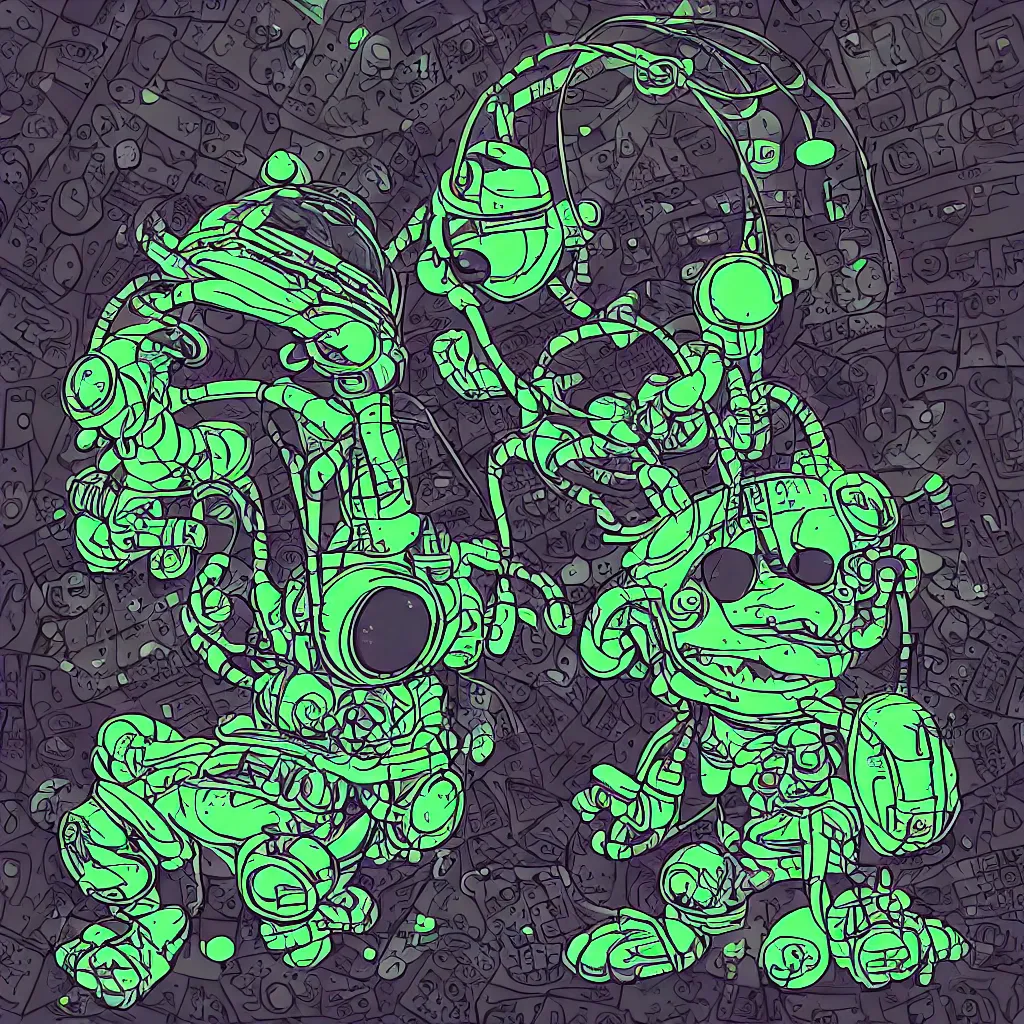 Image similar to a toad wearing headphones, ryuta ueda artwork, breakcore, style of jet set radio, y 2 k, gloom, space, cel - shaded art style, sacred geometry, data, minimal, code, cybernetic, dark, eerie, cyber