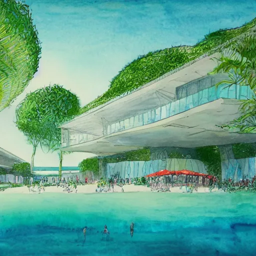 Prompt: watercolor sketch of organic rectangular architecture concept by victo ngai, sea, renzo piano, sketche, villa, people, beach, artistic, ecology, green.