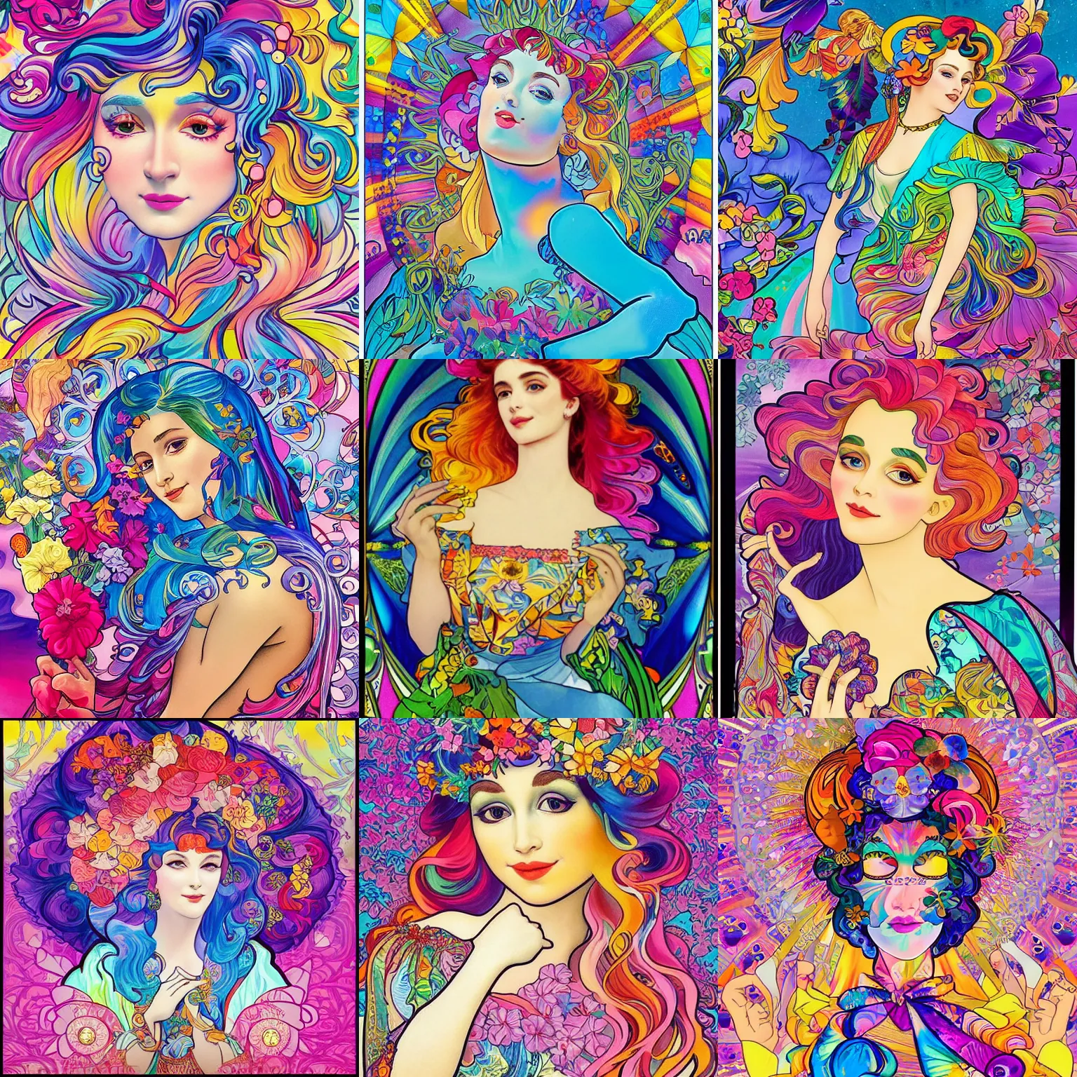 Image similar to a beautiful day, painted by lisa frank and alfons mucha collaboration