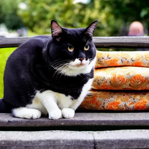 Image similar to photograph of a very fat cat sitting on a parkbench surrounded by burrito wrappers