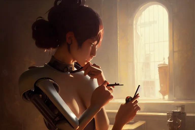 Image similar to coffee room baroque oil painting finely detailed perfect face mexican man smoking anime shinkai takeuchi key visual of character concept art metal female robot body suit pixiv fanbox, painted by greg rutkowski