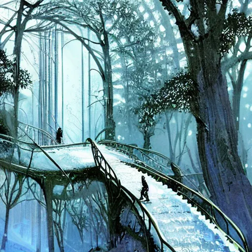 Image similar to stairs leading to a frozen derelict portal in a middle of a snowy lush futuristic forest, green lush world seen only through a portal, daylight, cinematic lighting, blue sky, syd mead, john harris