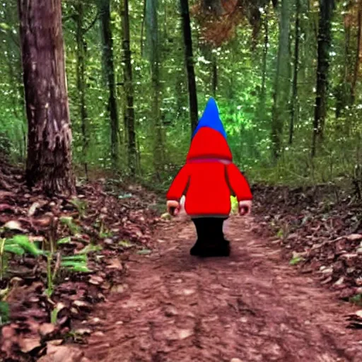 Prompt: bad quality screenshot of a leaked video of a small creature dressed as gnome walking through a forest trail, photo taken from far awar, bright camera flash, disturbing, very scary, realistic, very disturbing, ultrarealistic, 480p