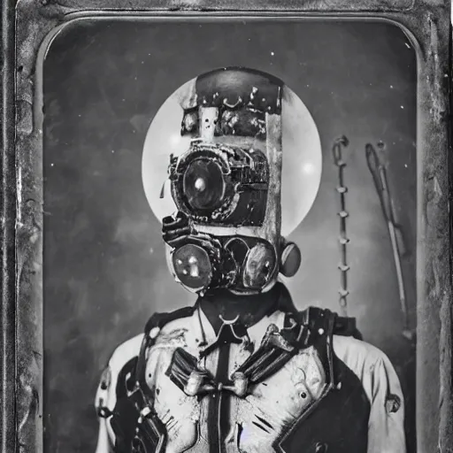 Image similar to tintype photographs of techno shamans, telepaths, dieselpunk cyborgs, masked heroes, irradiated humans, ancient ones, mystic monsters, and monster hunters