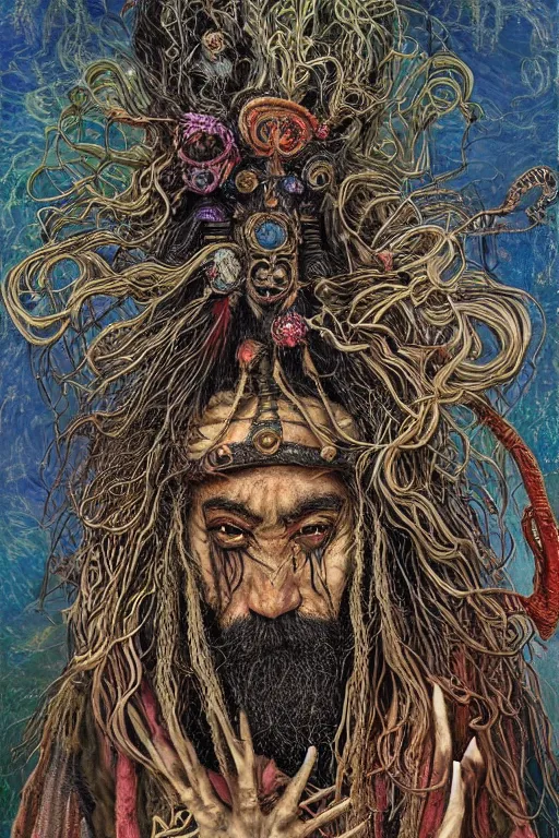 Image similar to a high hyper - detailed painting with complex textures, of an oriental shaman with tangled hair and a terrifying mask, wears a tunic vs. barefoot and has a cane, he is performing a ritual to access the world of imagination and dreams, cosmic horror spiritual visionsrio psychedelic weird bizarre art