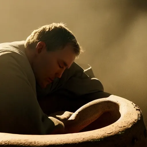 Image similar to close - up of a priest sleeping in a large clay pot, foggy, sun rays, cinematic shot, photo still from movie by denis villeneuve