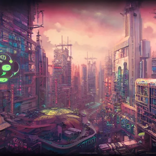 Image similar to Lofi vaporwave sci-fi steampunk nintendocore overpopulated city, Pixar style, Tristan Eaton, Stanley Artgerm, Tom Bagshaw