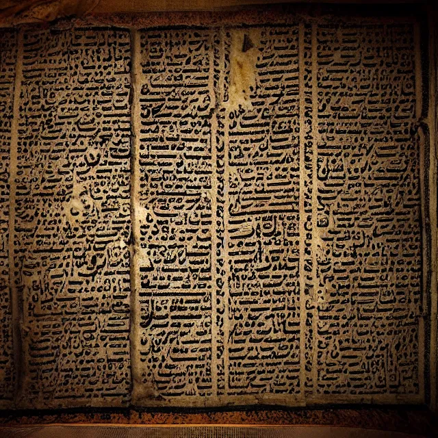 Image similar to ultra - realistic photo a damaged unrolled dead sea scroll with nabeatean aramaic in sideways columns, dark, brooding, volume lighting, atmospheric lighting, painted, intricate, ultra detailed by dave dorman, jason edminston, bob eggleton, well composed, best on artstation, cgsociety, epic, stunning, gorgeous, intricate detail, wow, masterpiece