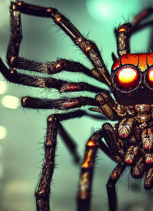 Image similar to macro photo of an intricate mechanic spider, round gears visible from on inside, on the background of a weird magical mechanical forest. Very detailed 8k. Fantasy cyberpunk horror. Sharp. Cinematic post-processing