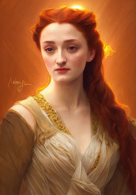 Image similar to sansa stark gold lights sunny autumn, intricate, elegant, highly detailed, digital painting, artstation, concept art, smooth, sharp focus, illustration, art by artgerm and greg rutkowski and alphonse mucha and william - adolphe bouguereau