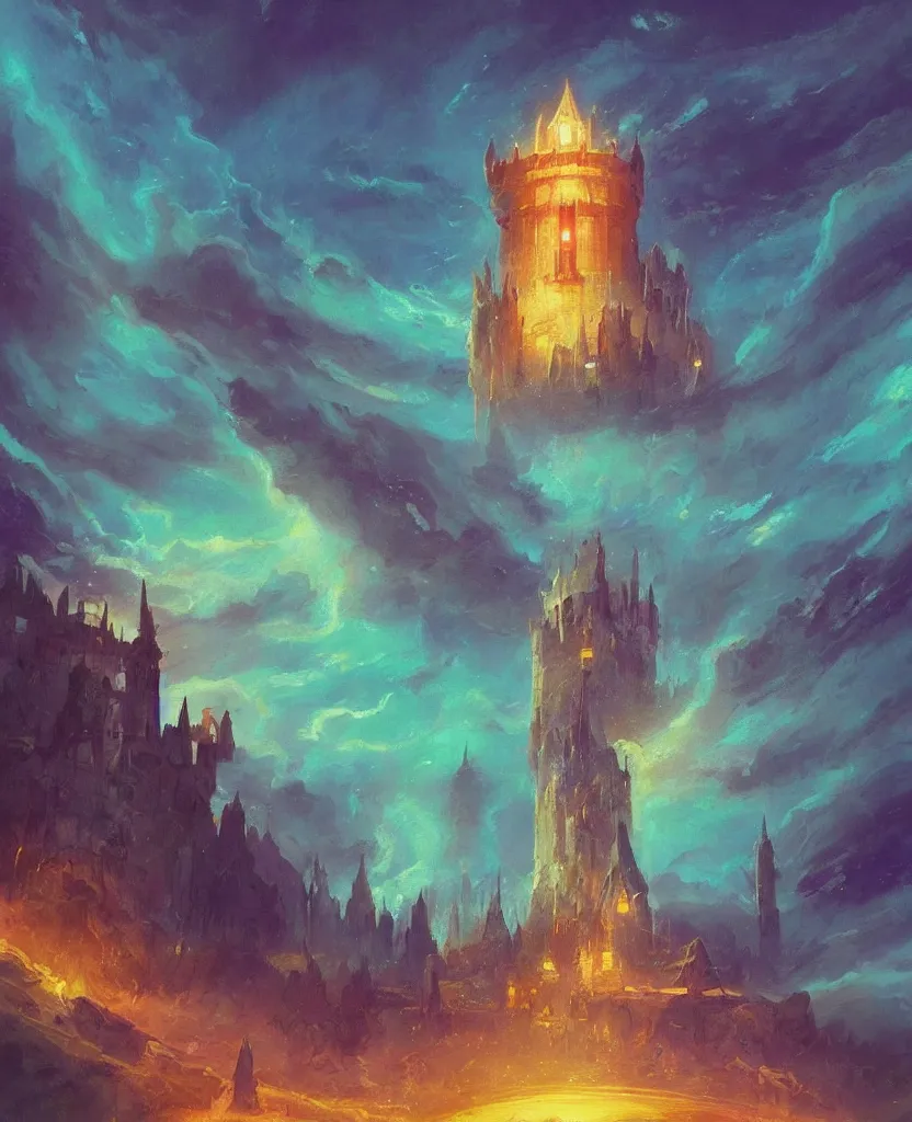 Image similar to “ a painting in the style of magic the gathering of an ancient tower, it is a glowing fortress and has iridescent mana radiating from it into the aether. it is centered. the background is the sky at night. retrofuturistic fantasy ”