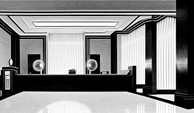 Image similar to a beautiful, sharp focus, clean lines. the interior of a 1 9 4 0 s art deco luxury hotel lobby. vaporwave ombre rendering. outrun style. trending on artstation. recommended for you behance. wes anderson colors. by chris moore. by edward hopper. ambient occlusion. digital matte painting. metropolis filmic. gotham city.