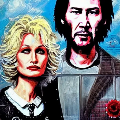 Prompt: American Gothic, with Keanu Reeves and Dolly Parton, by MARVEL comics and Sandra Chevrier