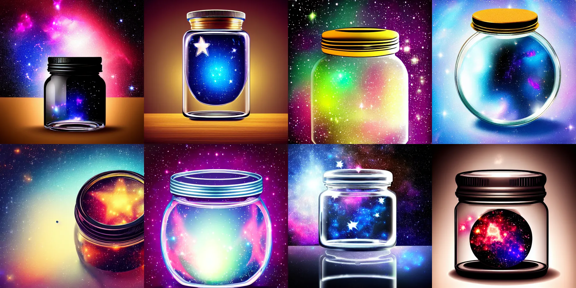 Prompt: nebula contained inside a small glass jar, photorealistic, stars, detailed, studio lighting