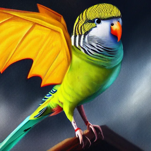 Image similar to an oil painting of a budgie with dragon wings, hd, hdr, ue 5, ue 6, unreal engine 5, cinematic 4 k wallpaper, 8 k, ultra detailed, high resolution, artstation, award winning