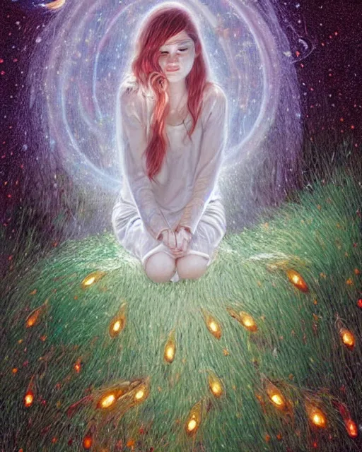 Image similar to a young woman, admiring the lights of golden fireflies, sitting in the midst of nature fully covered, long loose red hair, intricate linework, green eyes, small nose with freckles, oval shape face, soft happy smile, realistic, expressive emotions, mystical scene, hyper realistic ultrafine detailed illustration by james jean, albert bierstadt and artgerm