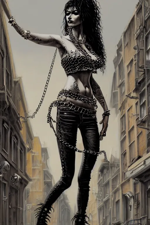 Image similar to fullbody potrait of punk rocker woman in street, woman is wearing chains, hyper realistic, intricate, elegant, highly detailed, digital painting, artstation, concept art, matte, sharp focus art by boris vallejo and greg rutkowski, smooth, sharp focus, illustration