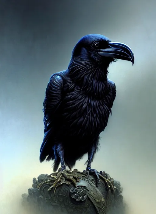 Prompt: closeup portrait of a raven, realistic, professionally, professionally color graded, intricate, elegant, highly detailed, centered, digital painting, artstation, concept art, smooth, sharp focus, illustration, artgerm, tomasz alen kopera, peter mohrbacher, donato giancola, mucha, joseph christian leyendecker, wlop, boris vallejo