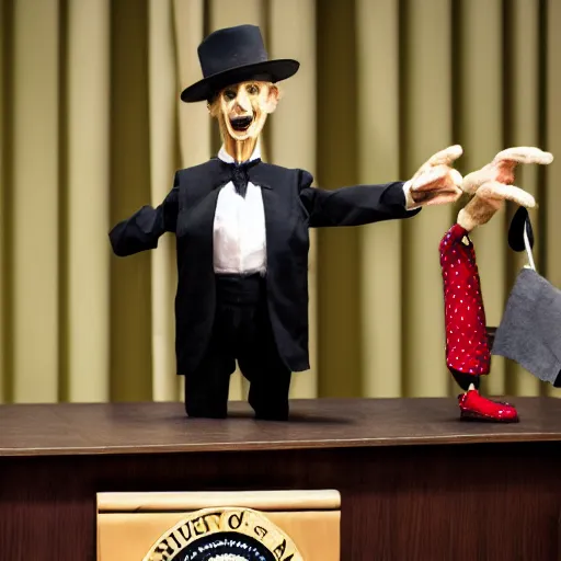 Prompt: mad puppeteer using marionette of a president in a podium