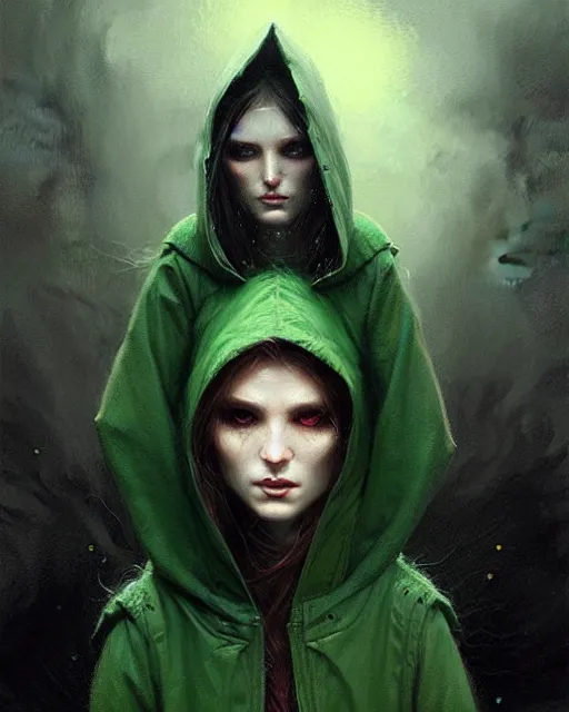 Image similar to portrait Green hooded jacket coat Hunter elf, long-haired By greg rutkowski, tom bagshaw, beksinski
