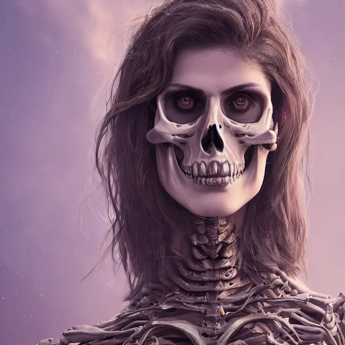 Image similar to portrait of Alexandra Daddario as a skeleton. intricate abstract. intricate artwork. by Tooth Wu, wlop, beeple, dan mumford. octane render, trending on artstation, greg rutkowski very coherent symmetrical artwork. cinematic, hyper realism, high detail, octane render, 8k, iridescent accents