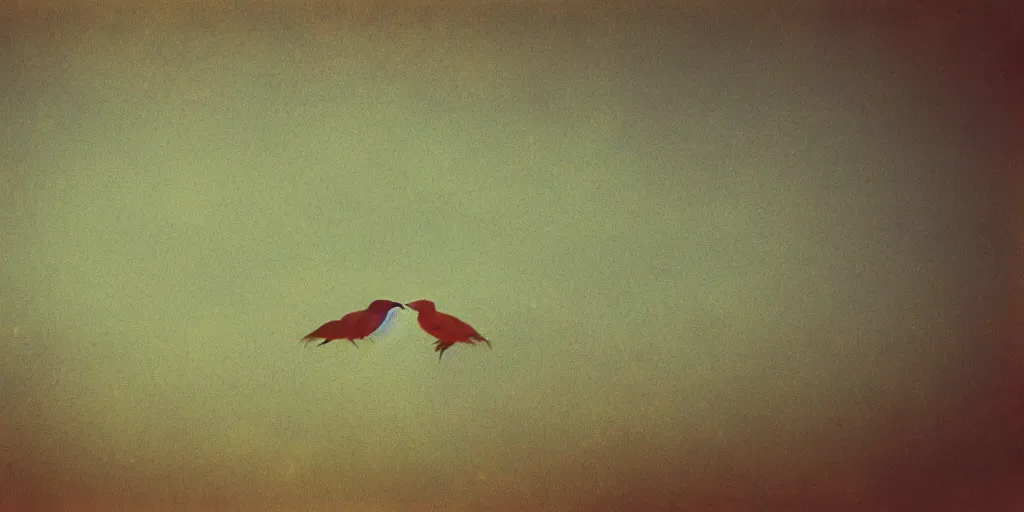 Prompt: tropical wood birds in the sky, nostalgia, melancholy, pinhole analogue photo quality, lomography, blur, unfocus, cinematic, foil