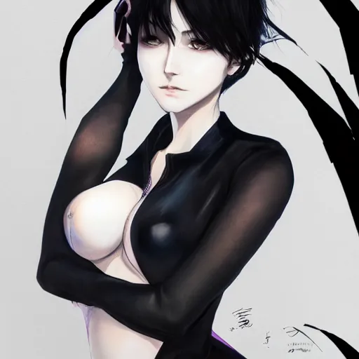 Prompt: heroine, beautiful, sui ishida with black hair, hyperrealistic, highly detailed, 8 k, a real photographic, digital art, character, realistic, full body portrait, artstation, symetric, lineart