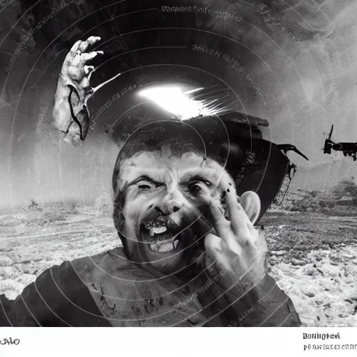 Image similar to last selfie of last alive of frightened funny ukrainian is trying to escape, badly injured from radiation from a huge nuclear explosion, a nuclear missile flies right at him