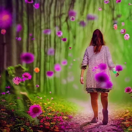 Image similar to a beautiful woman walking through an alien forest with flowers floating in the sky, cinematic, 8k, glowing