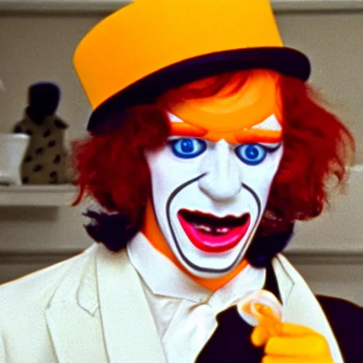 Image similar to Ronald McDonald as Alexander DeLarge, A Clockwork Orange, droog, eyelashes, milk plus, Korova Milkbar, 1971 film, Stanley Kubrick, hooligan