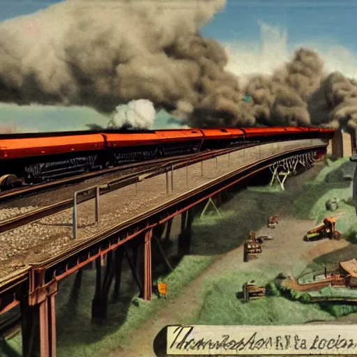Image similar to Head on train wreck of two Thomas the Train engines, tall railway bridge, 1930s , hyper realistic